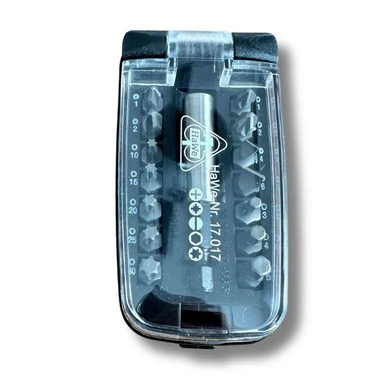 HaWe Bit-Klappbox – schlagfester Kunststoff – Magnethalter mit Edelstahlhülse – Bits: Schlitz, PH, PZ, Inbus, Torx (13-teilig)