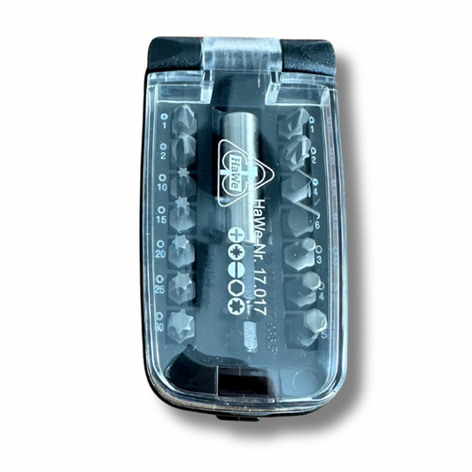 HaWe Bit-Klappbox – schlagfester Kunststoff – Magnethalter mit Edelstahlhülse – Bits: Schlitz, PH, PZ, Inbus, Torx (13-teilig)